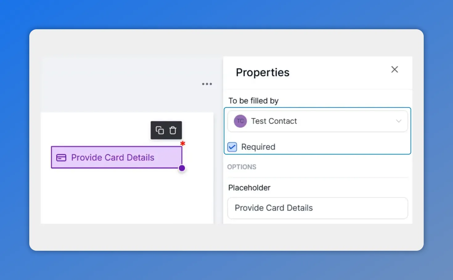 Card Details properties panel showing the field is required and assigned to Test Contact