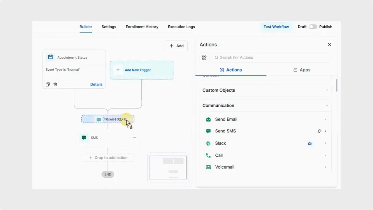 Workflow builder canvas showing a Send SMS action being dragged over a highlighted placeholder.