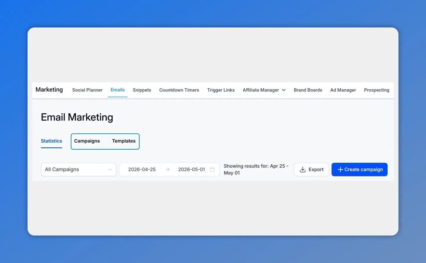Marketing > Email screen with Campaigns tab selected in Pinnacle