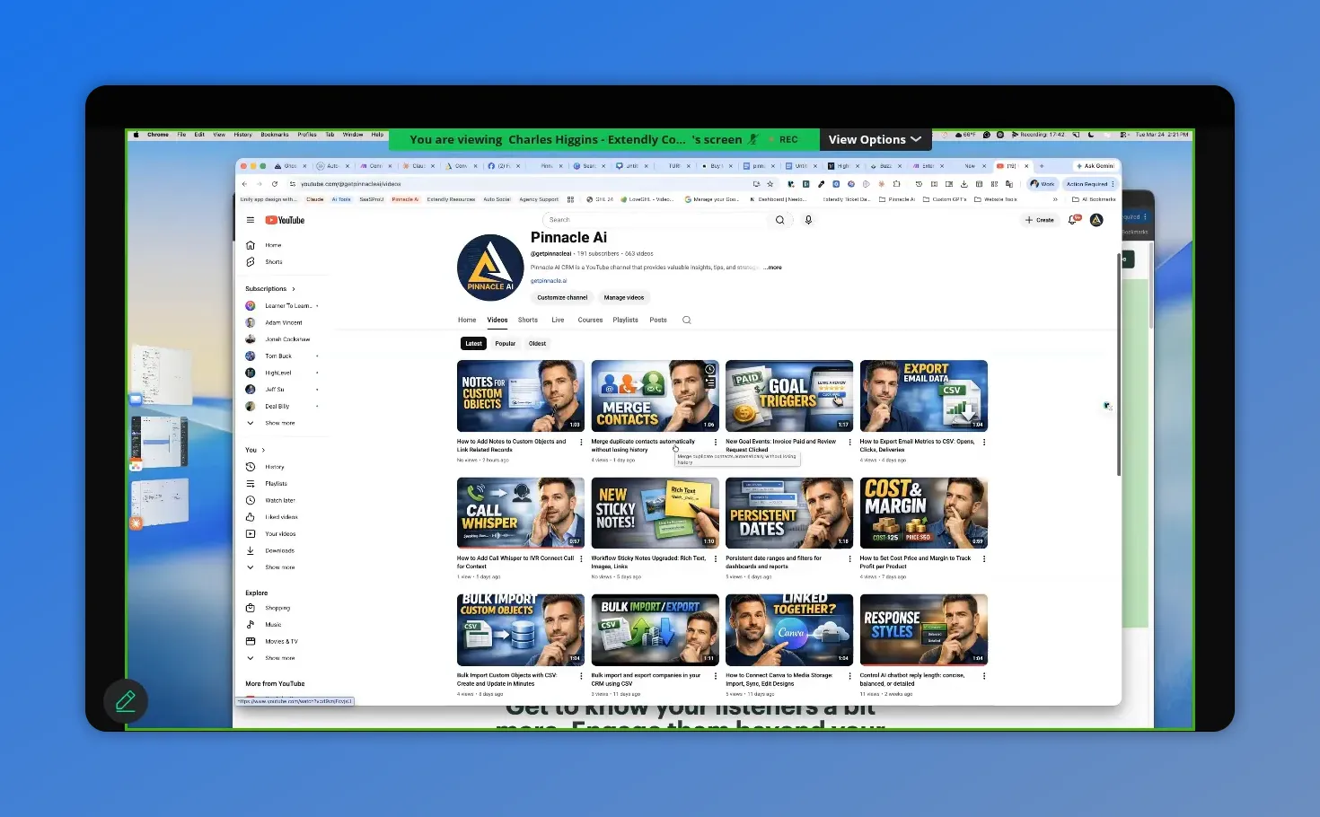 Screenshot of YouTube Pinnacle AI channel showing thumbnail tiles for multiple videos