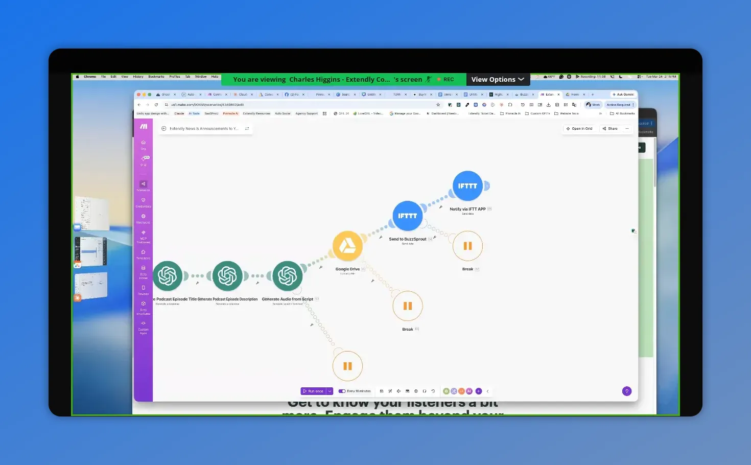 Make automation scenario showing podcast workflow steps for Google Drive, IFTTT, and Buzzsprout
