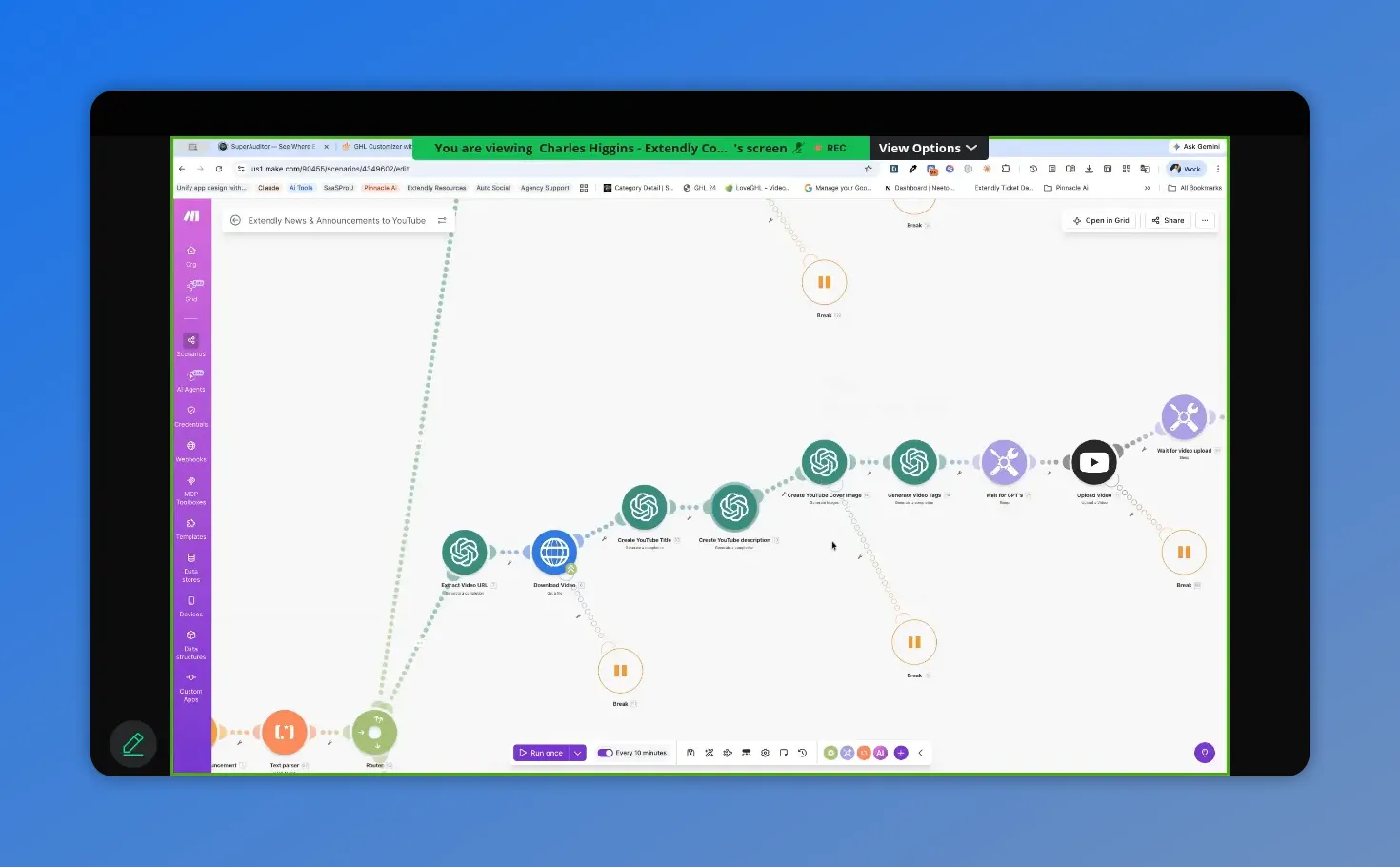 Make scenario YouTube branch generating video thumbnail and tags before upload