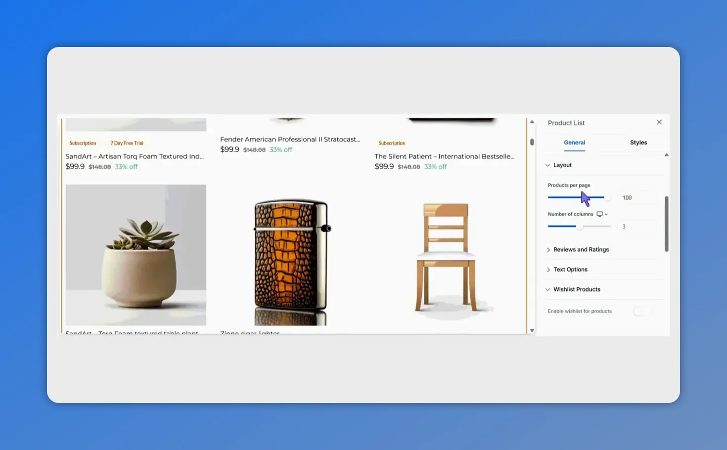 Product List settings showing the 'Products per page' slider set to 100 with product thumbnails visible