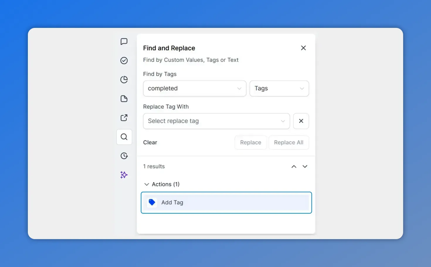 Find and Replace dialog in Pinnacle workflows with tag search and replace fields