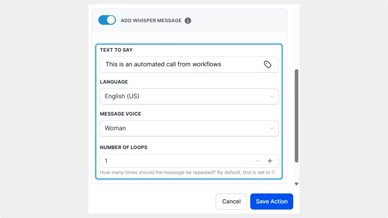 Add Whisper Message panel showing text to say, language, message voice, and number of loops