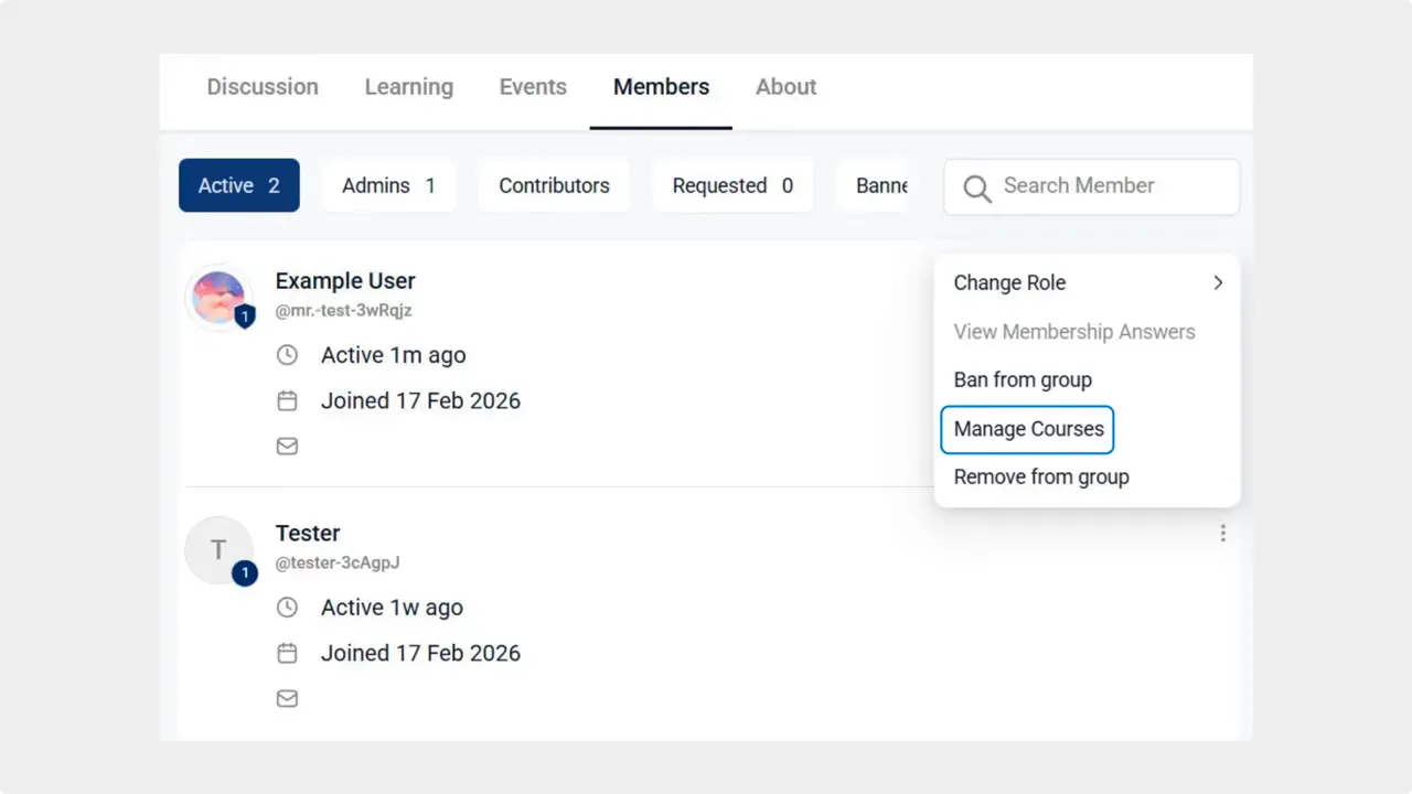 Members list with three-dot menu open and 'Manage Courses' option highlighted