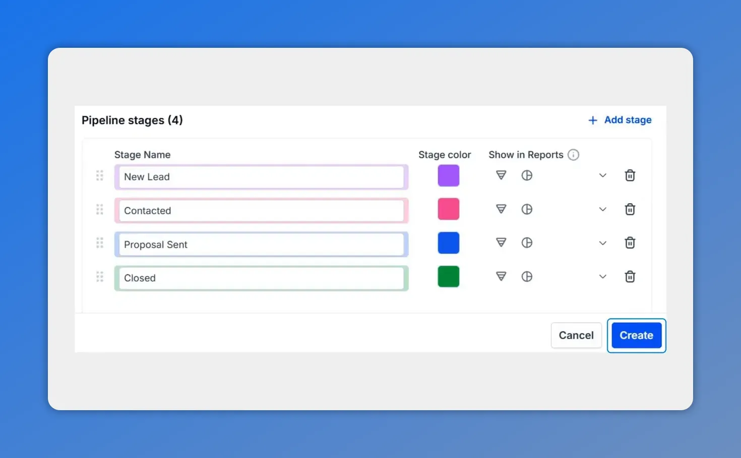 CRM pipeline stage color setup screen showing stage names and selected stage colors with Create button