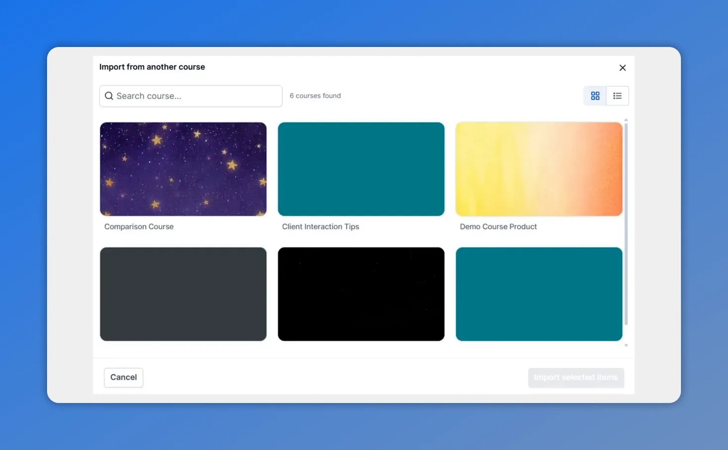 Import from another course modal showing the course selection tiles and search