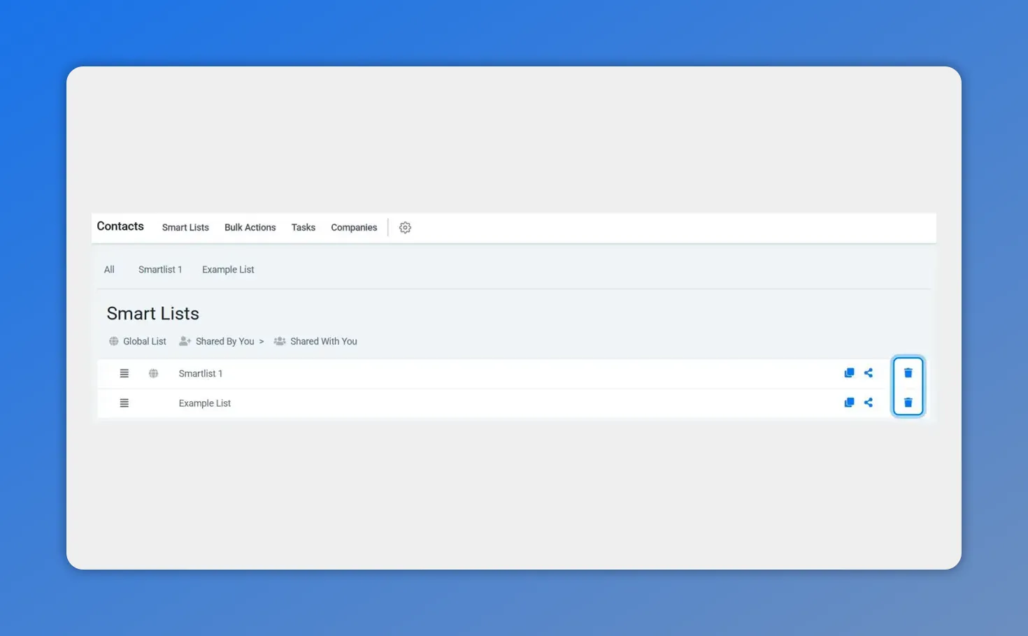 Smart Lists page showing the Smart Lists heading and two saved lists in the Contacts workspace.