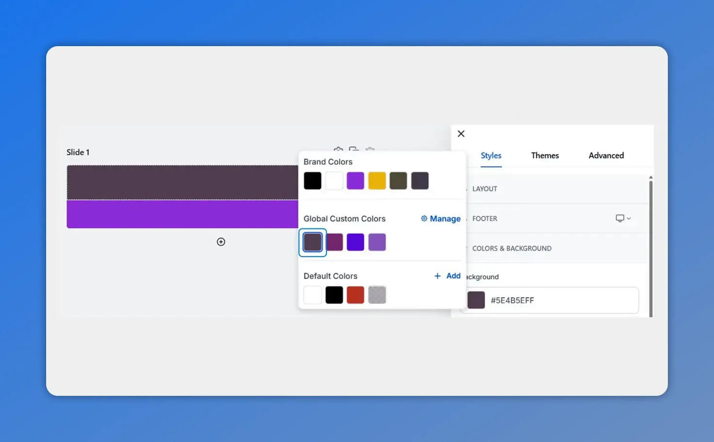 Updated builder color picker UI highlighting Global Custom Colors alongside Brand Colors and Default Colors