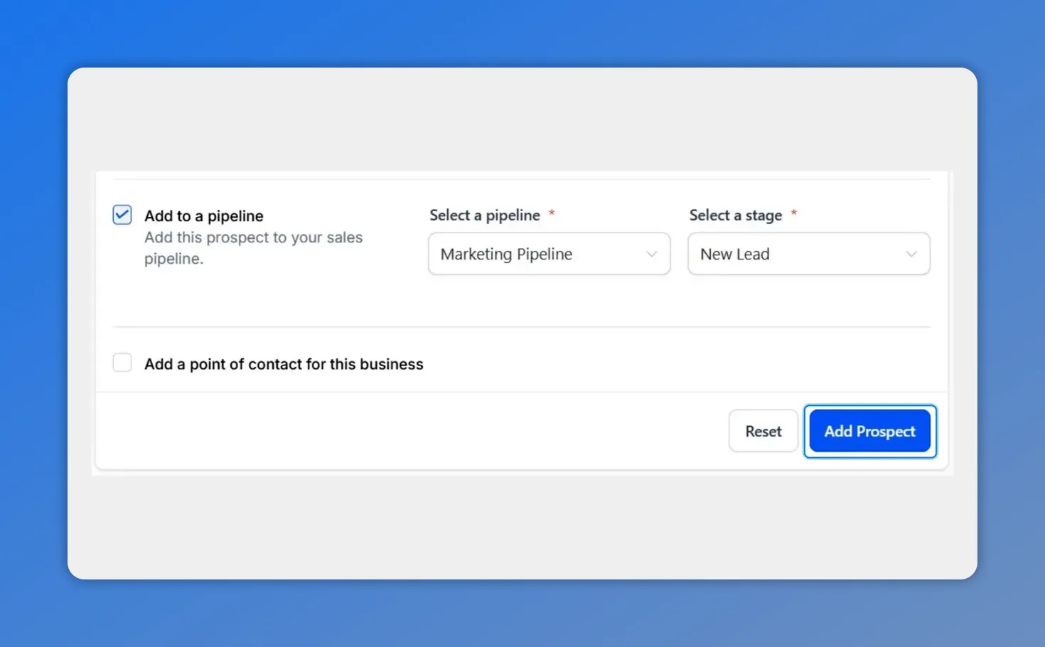 Pipeline selection area with 'Marketing Pipeline' and 'New Lead' selected and the Add Prospect button visible