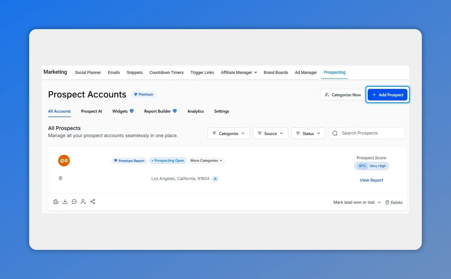 Prospect Accounts page showing the Prospecting tab and a highlighted Add Prospect button