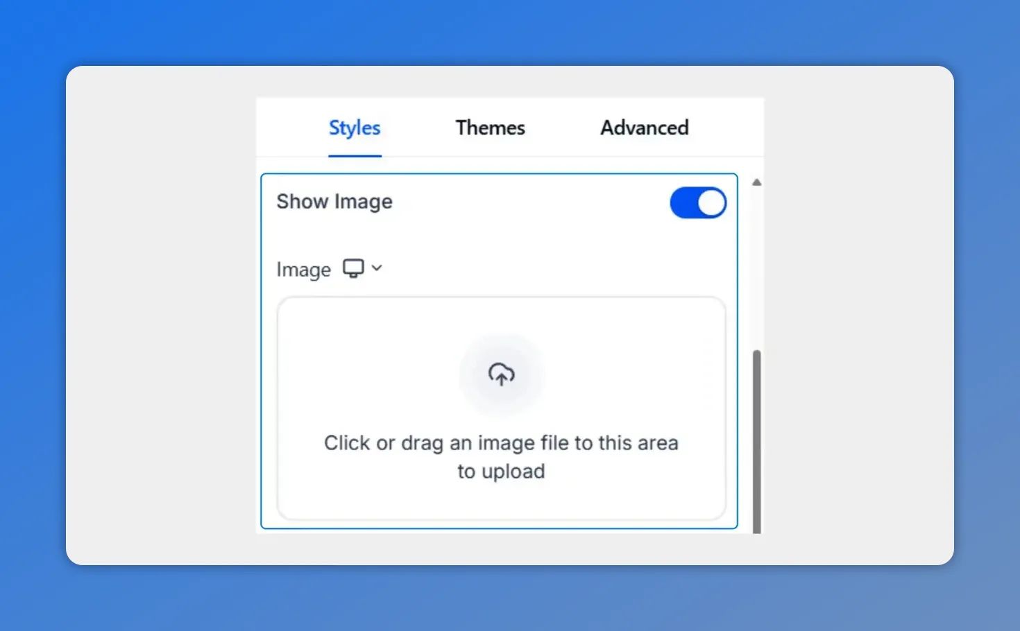 Style Settings panel in Pinnacle showing the Show Image toggle and image upload area