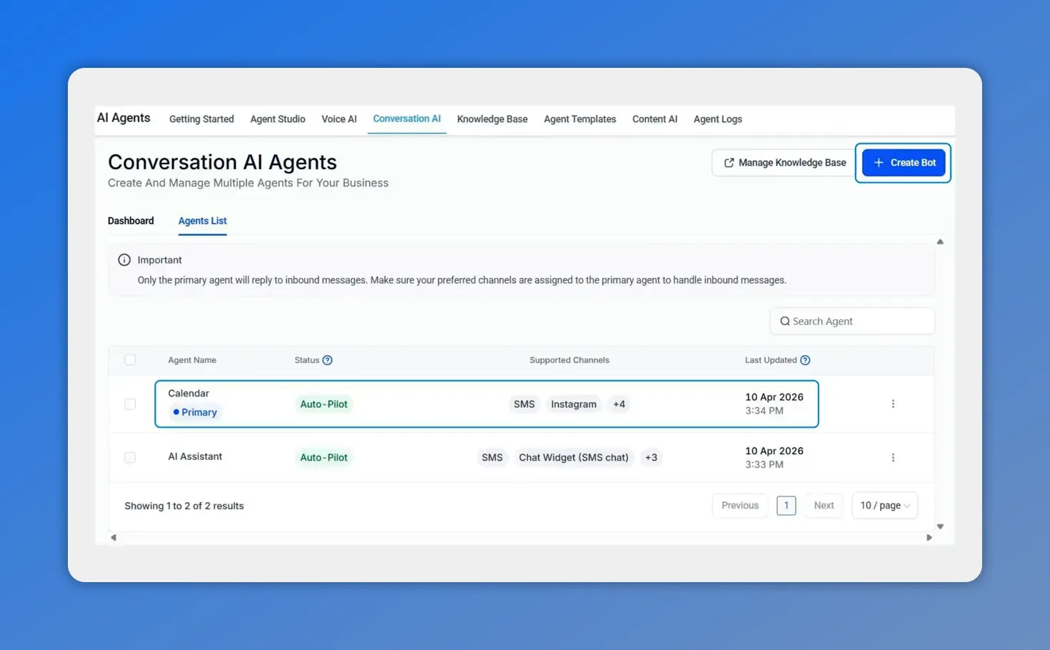 Conversation AI Agents list showing the Calendar agent selected