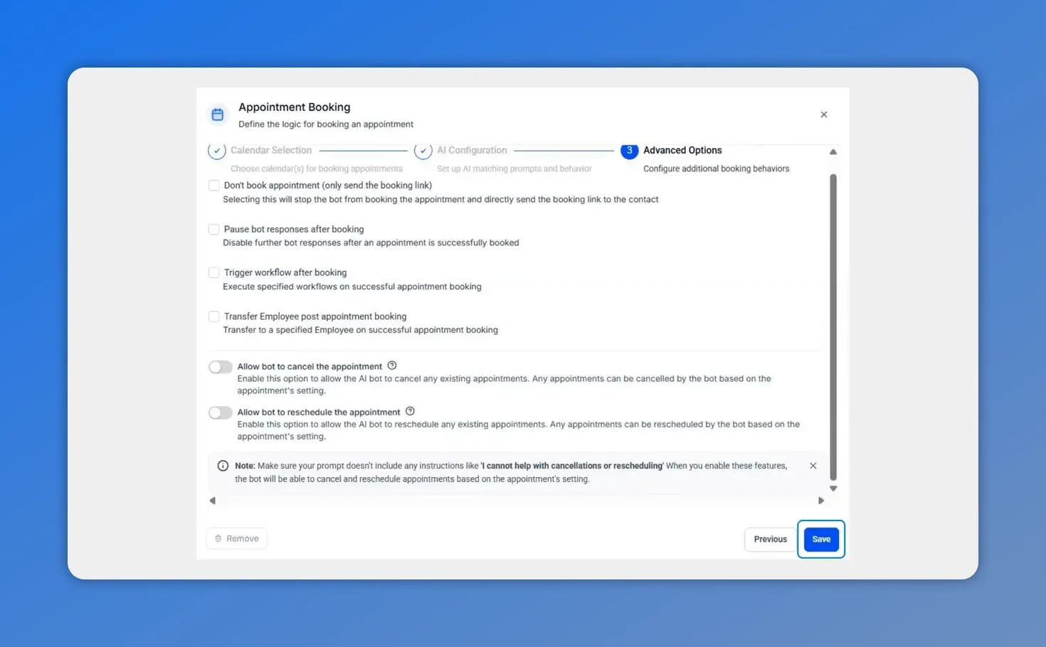 Pinnacle Conversation AI appointment booking setup showing advanced options checkboxes and Save button