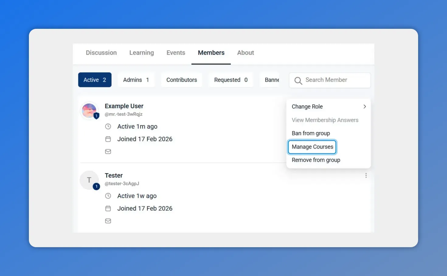 Full view of the Members tab with a member list and the three-dot menu open; 'Manage Courses' is outlined
