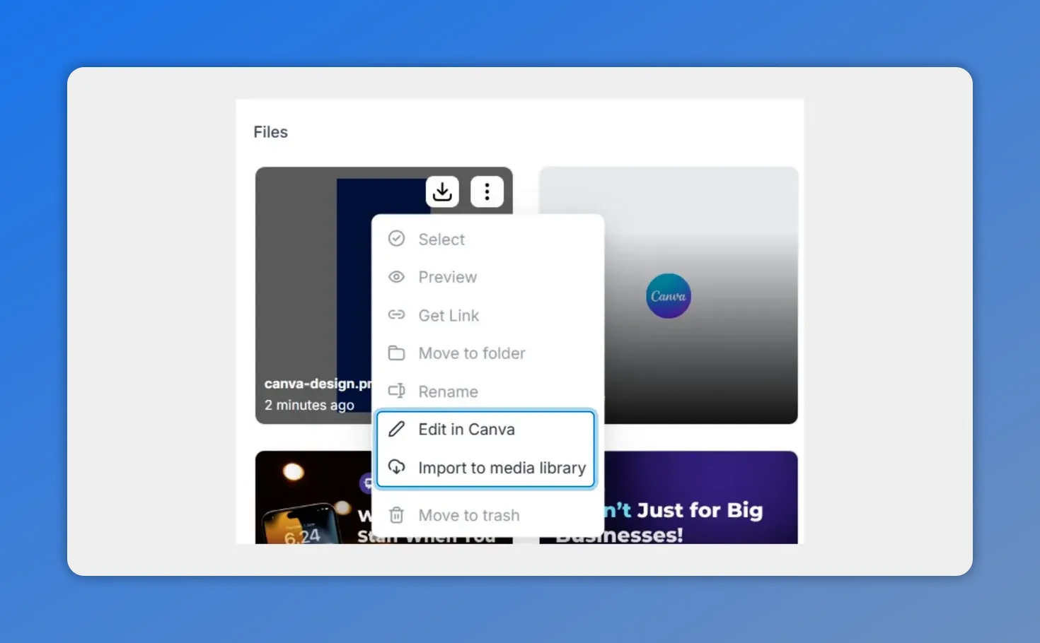 Context menu over a media file with 'Edit in Canva' and 'Import to media library' options highlighted