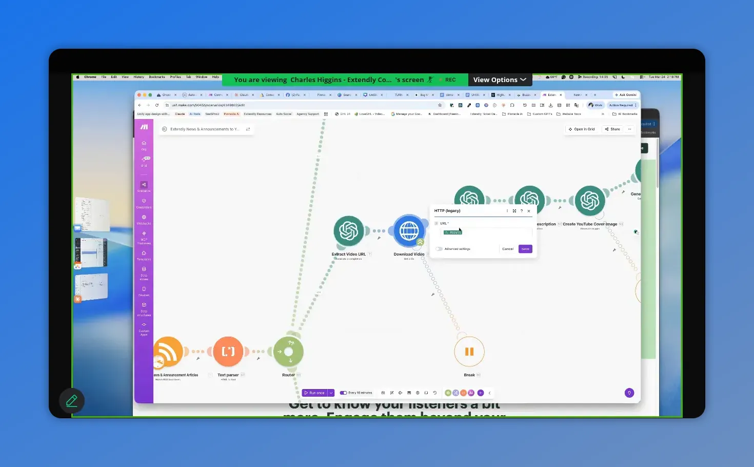 Make scenario screenshot showing the HTTP (legacy) download video step in the YouTube branch