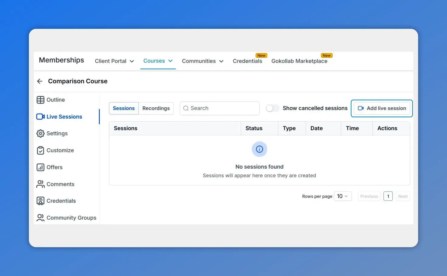 Live Sessions tab in course builder with Sessions table and Add live session button