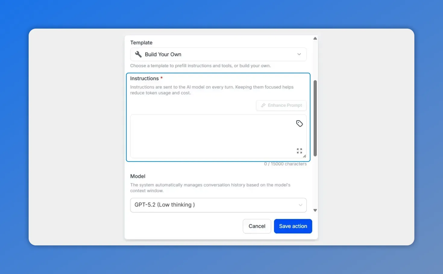 AI Agent action setup showing the Instructions field for goal-based automation