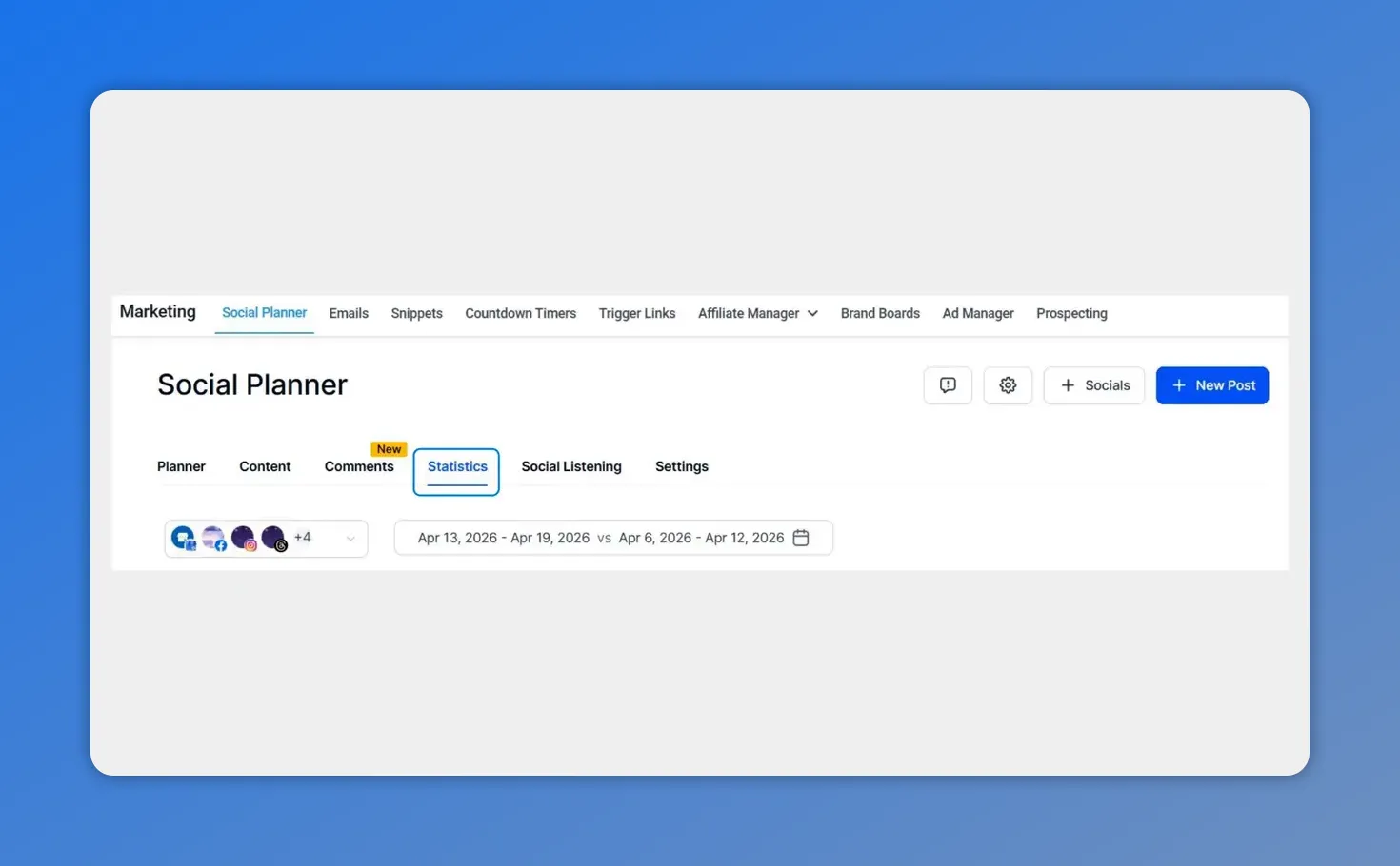 Social Planner dashboard with the Statistics tab selected and the date range comparison selector visible