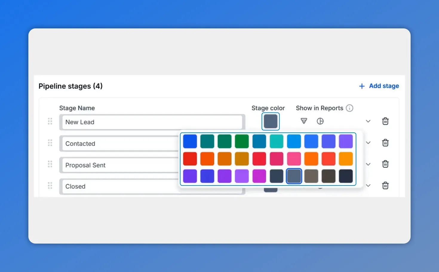 Pipeline stages table with stage color picker palette open for New Lead, Contacted, Proposal Sent, and Closed
