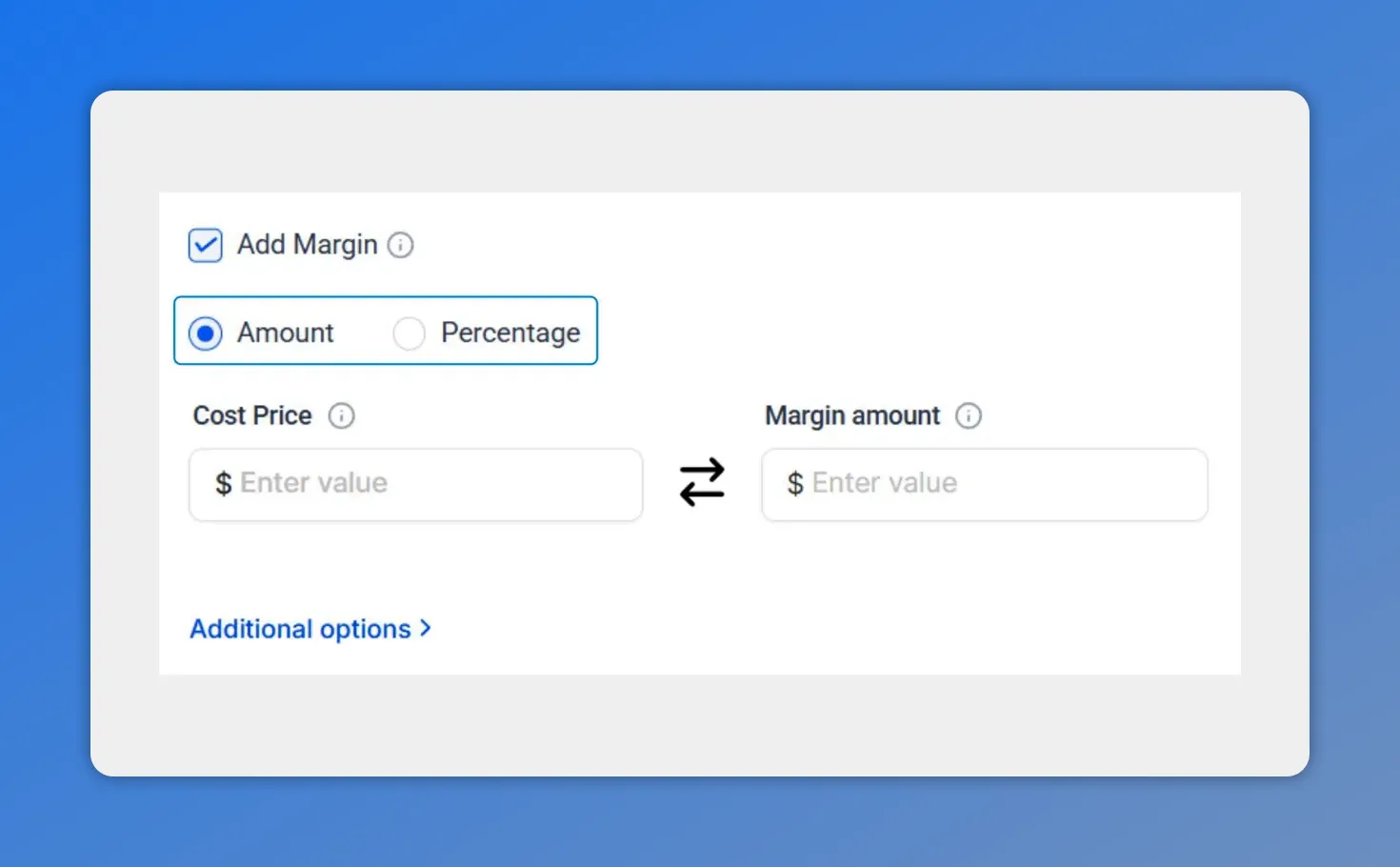 Clear screenshot of product margin controls with 'Add Margin' checked and radio buttons for 'Amount' and 'Percentage', plus Cost Price and Margin amount fields.