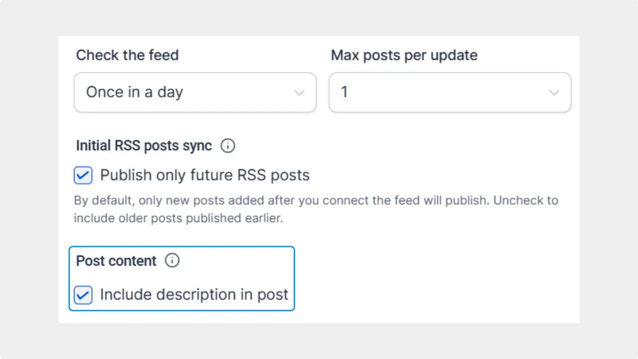 Social Planner settings showing 'Publish only future RSS posts' and checked 'Include description in post' under Post content.