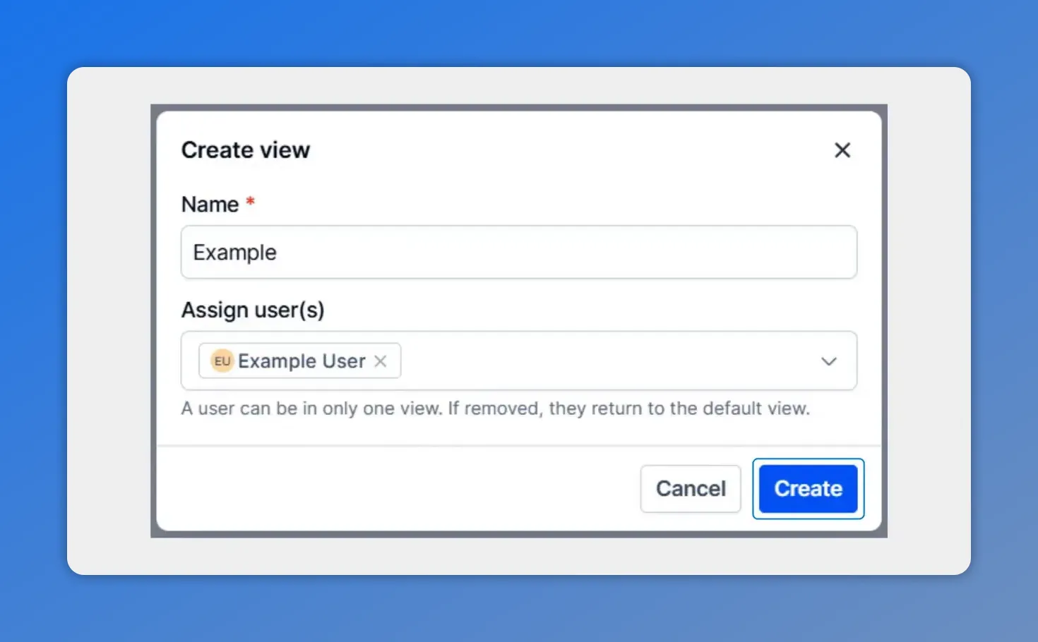 Pinnacle create view modal showing name, assigned user, and Create button