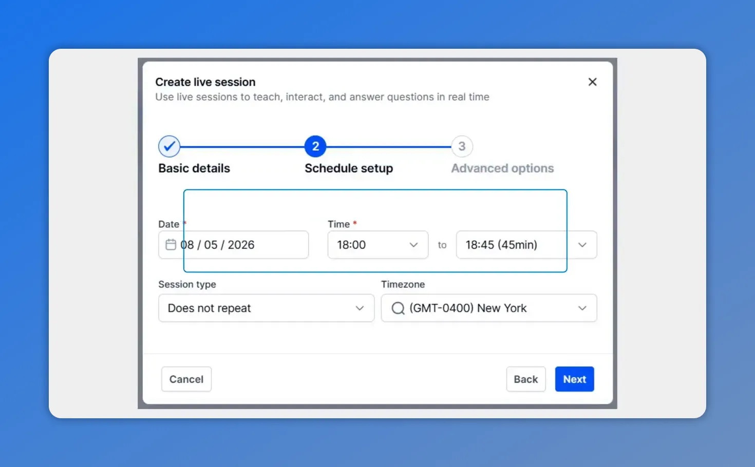 Create live session modal Schedule setup with date, time range, session type, and timezone fields
