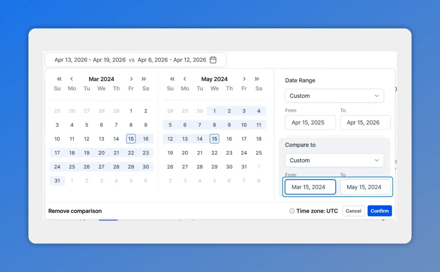 Social Planner custom date range calendar showing selected From and To dates with Compare to and Confirm button