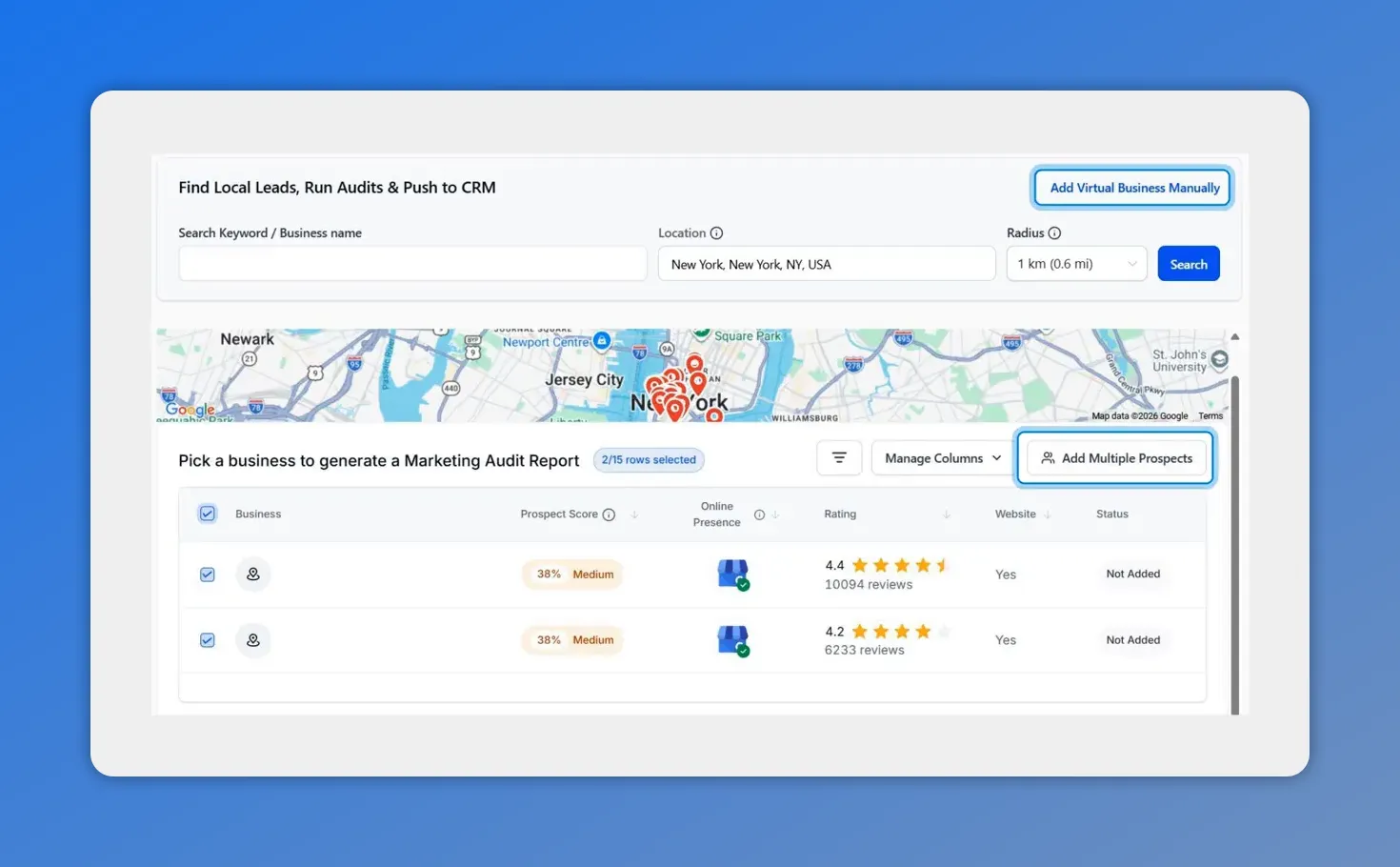 Screenshot of Prospecting search fields, map and business results with Add Multiple Prospects button