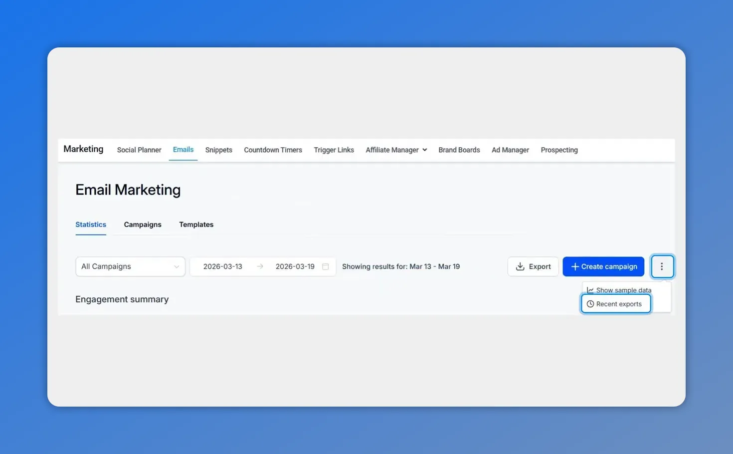 Email Marketing statistics screen with export menu showing Recent exports option