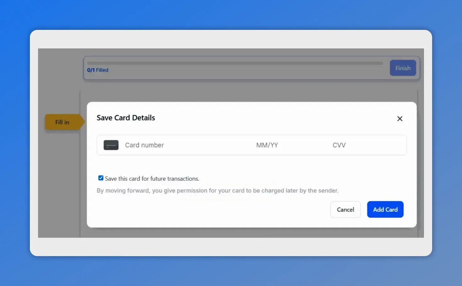 Save Card Details pop-up in signing flow with card number, MM/YY, and CVV fields