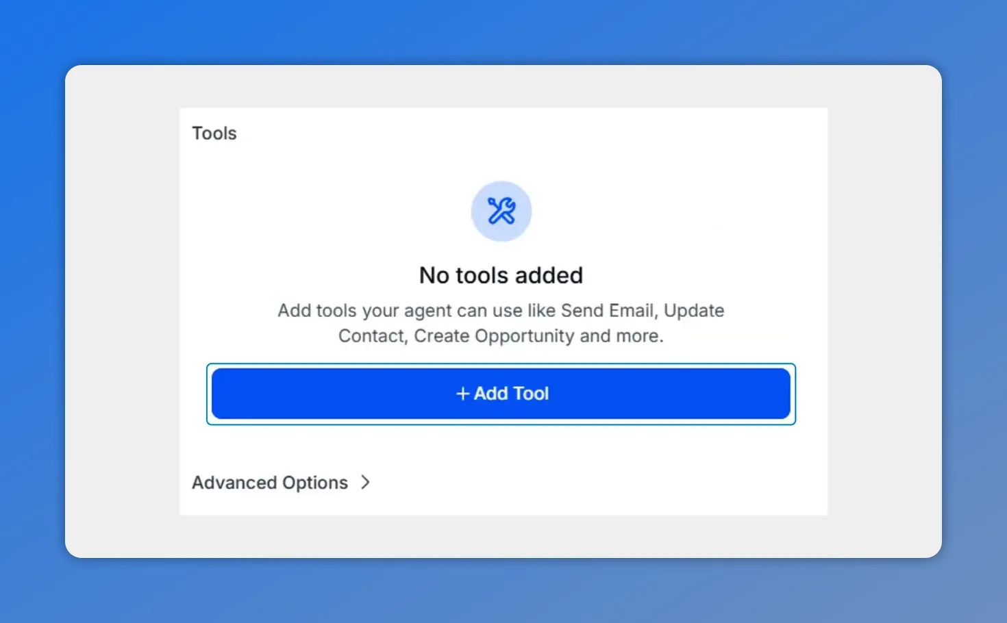 Pinnacle AI Agent Tools section showing “No tools added” and the + Add Tool button