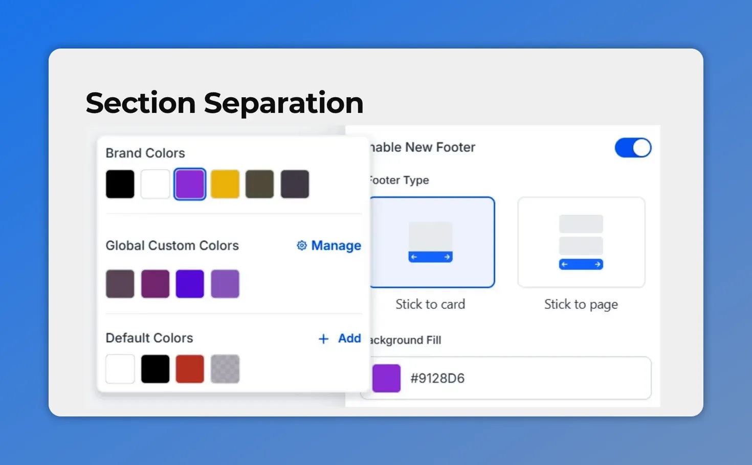 Pinnacle builder color picker showing Brand Colors, Global Custom Colors with Manage, and Default Colors