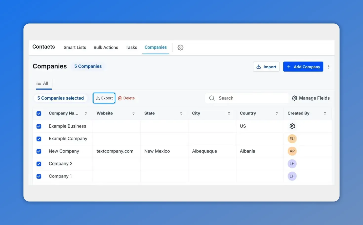 Pinnacle CRM Companies screen showing 5 companies selected with the Export button highlighted