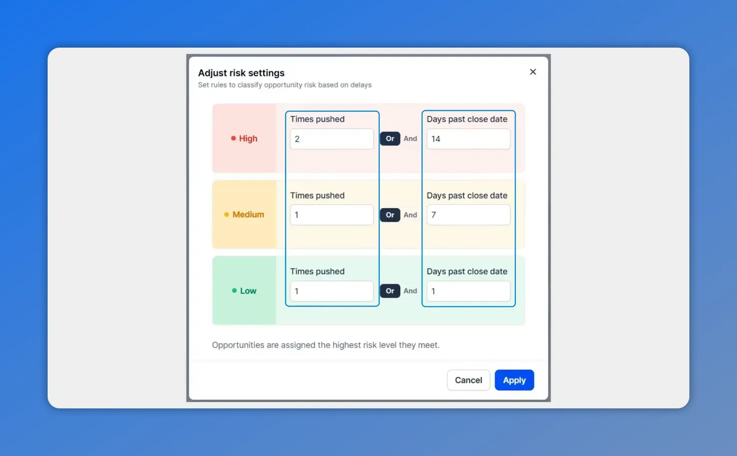 Adjust risk settings modal with times pushed and days past close date inputs using OR and AND logic for high, medium, and low risk