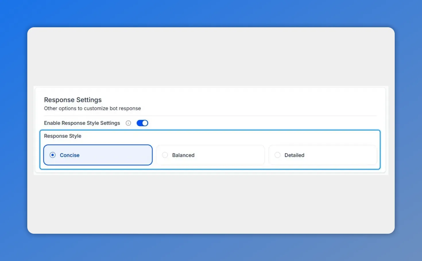 Close-up of Response Settings showing the 'Enable Response Style Settings' toggle on and the three response style options with 'Concise' highlighted.