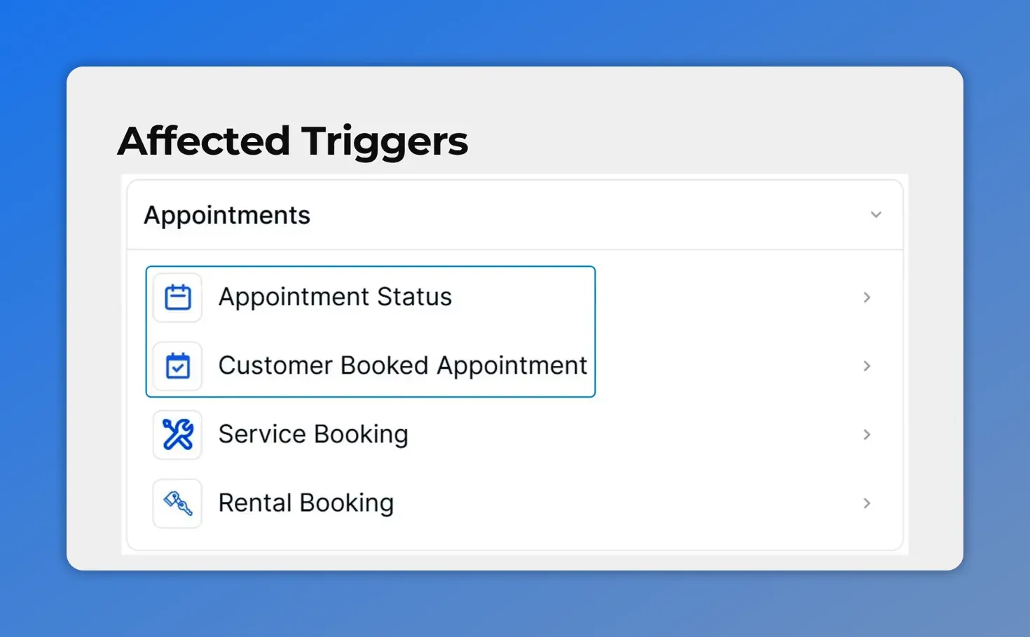Screenshot of Pinnacle appointment workflow “Affected Triggers” highlighting “Appointment Status” and “Customer Booked Appointment.”