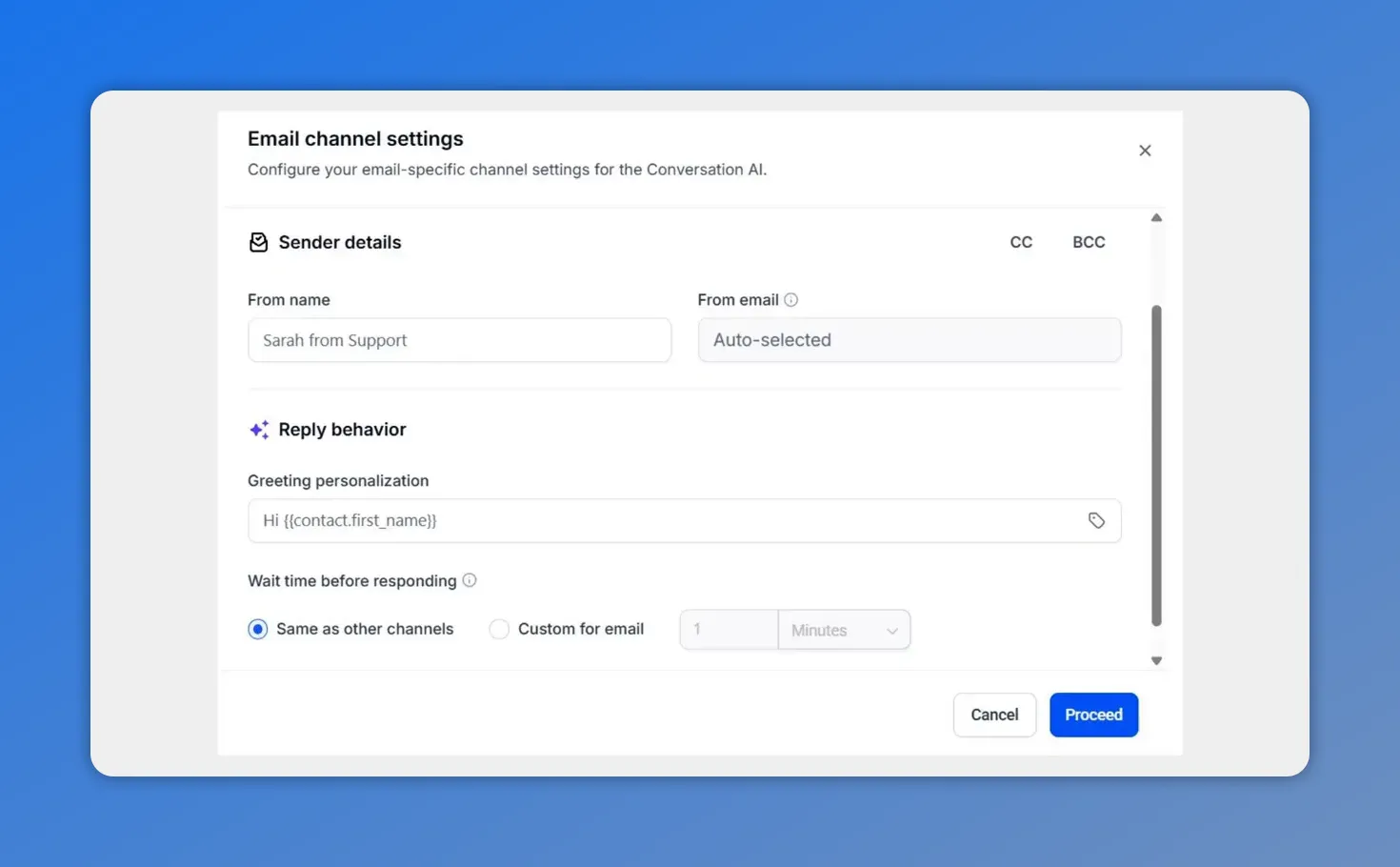 Email channel settings modal showing sender details and reply behavior with CC and BCC options