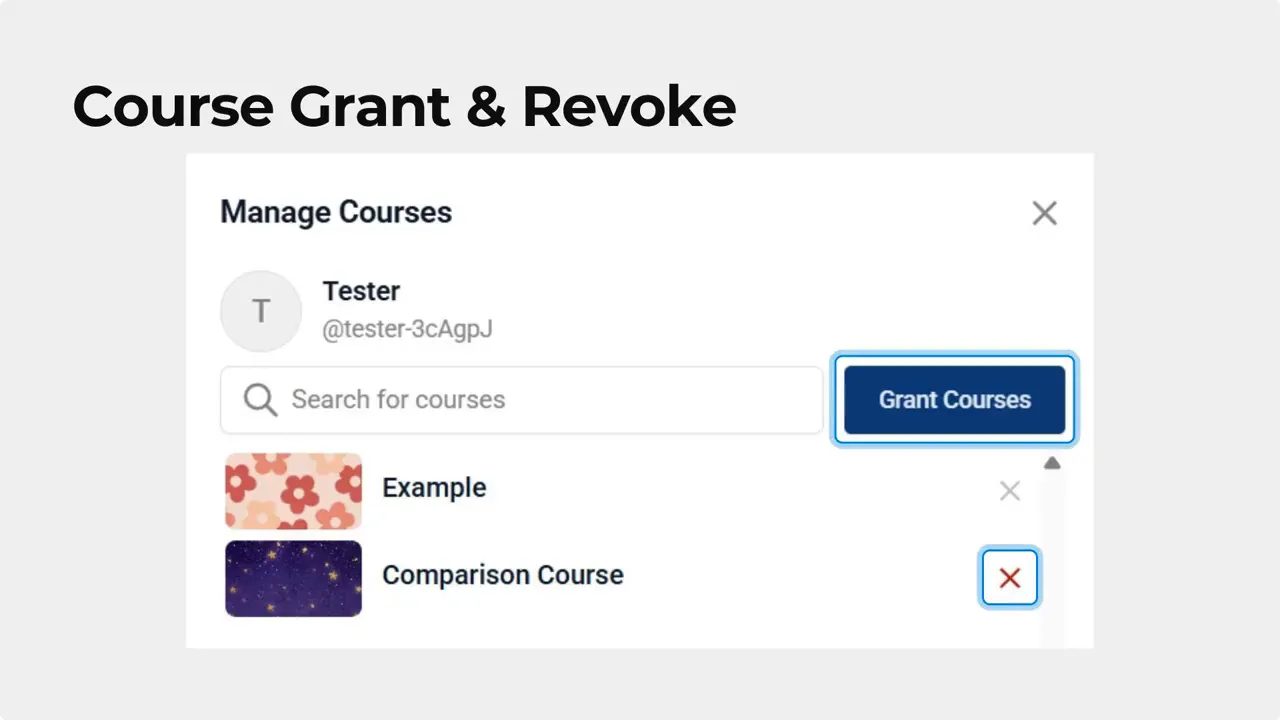 Manage Courses modal showing Grant Courses button and a red X revoke icon next to courses