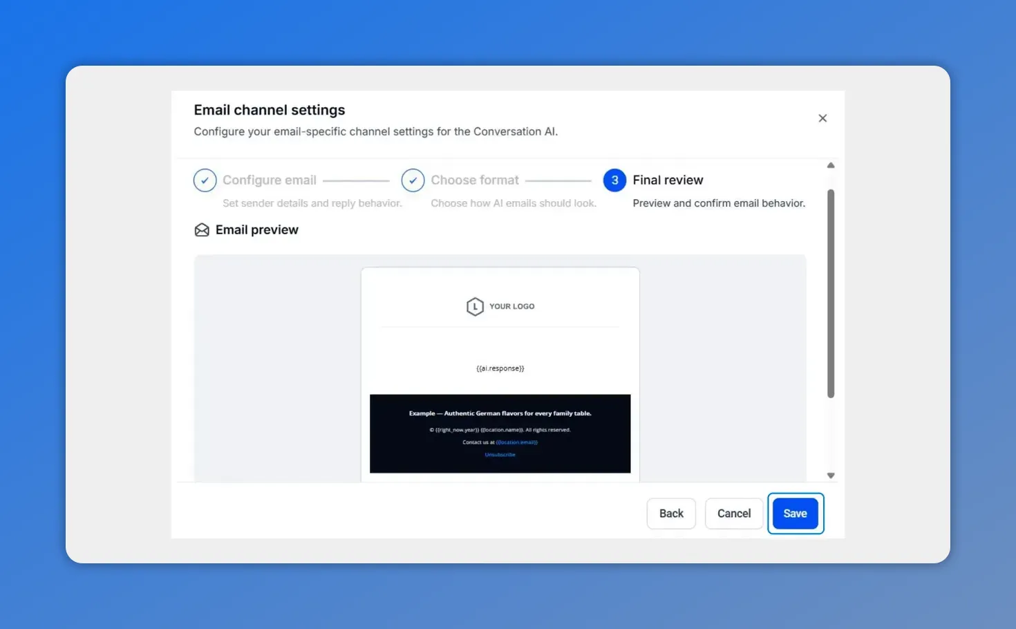 Email channel settings final review screen with an email preview and Save button