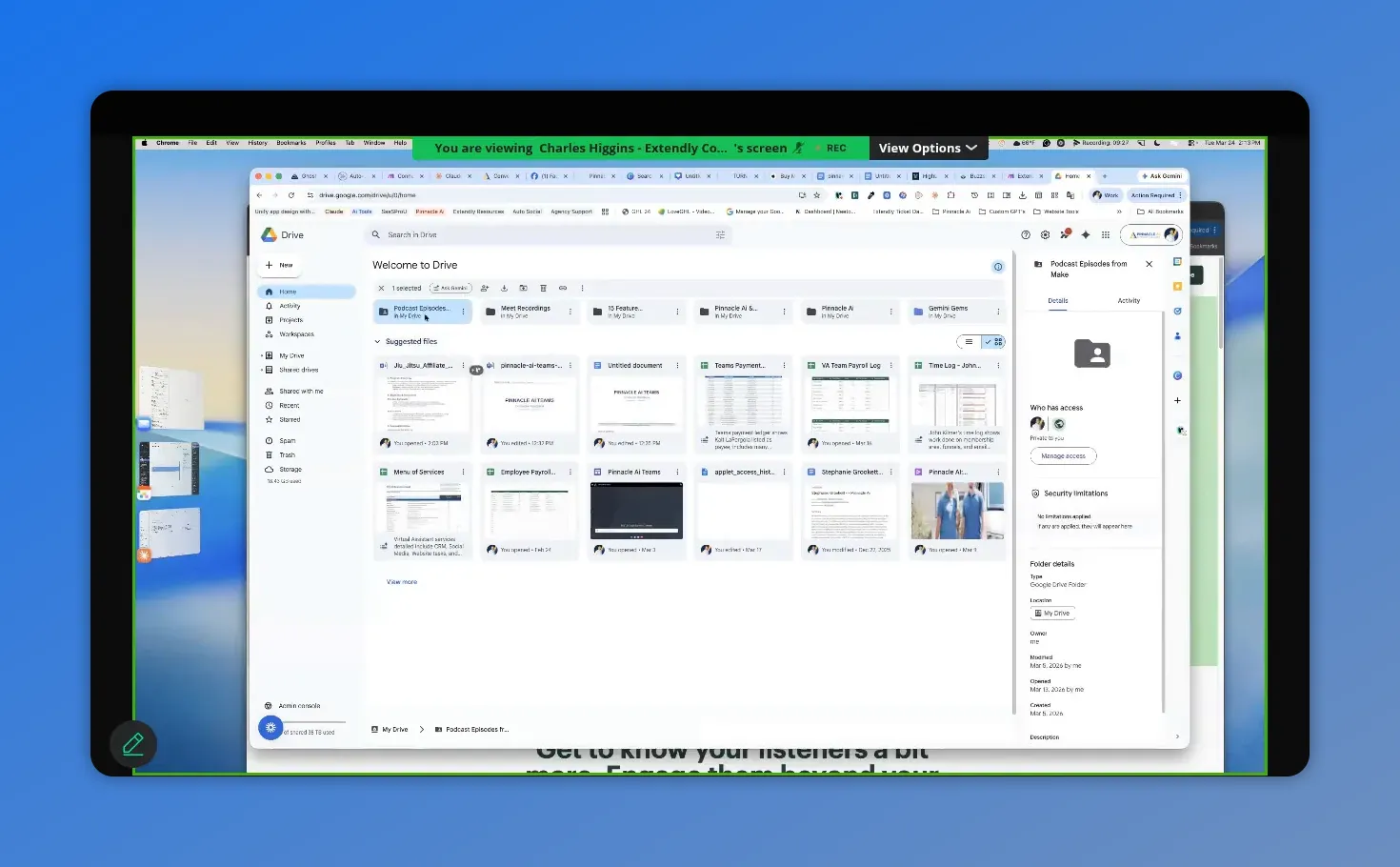 Google Drive folder sharing settings showing who has access and folder details