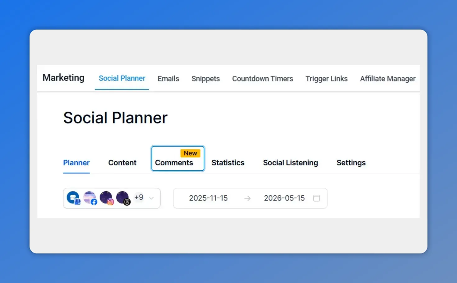 Pinnacle Social Planner navigation with the “Comments” tab highlighted under the Social Planner menu