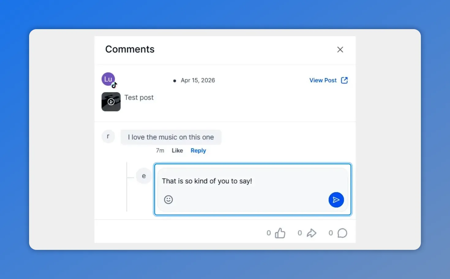 Pinnacle Social Planner reply text bubble open for responding to a TikTok comment