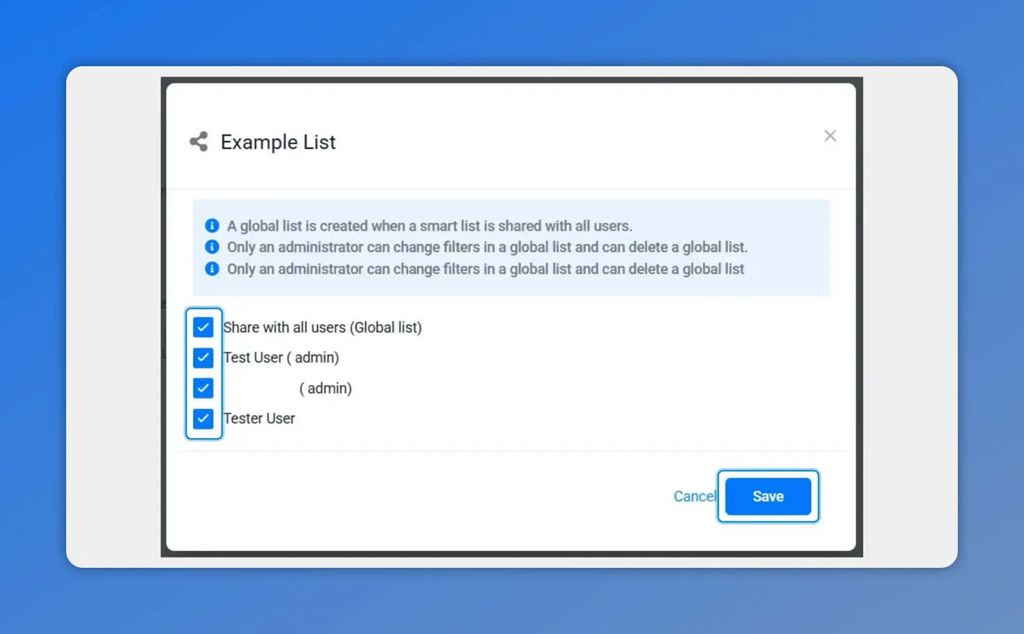 Example List share modal with user checkboxes checked and Save button highlighted.