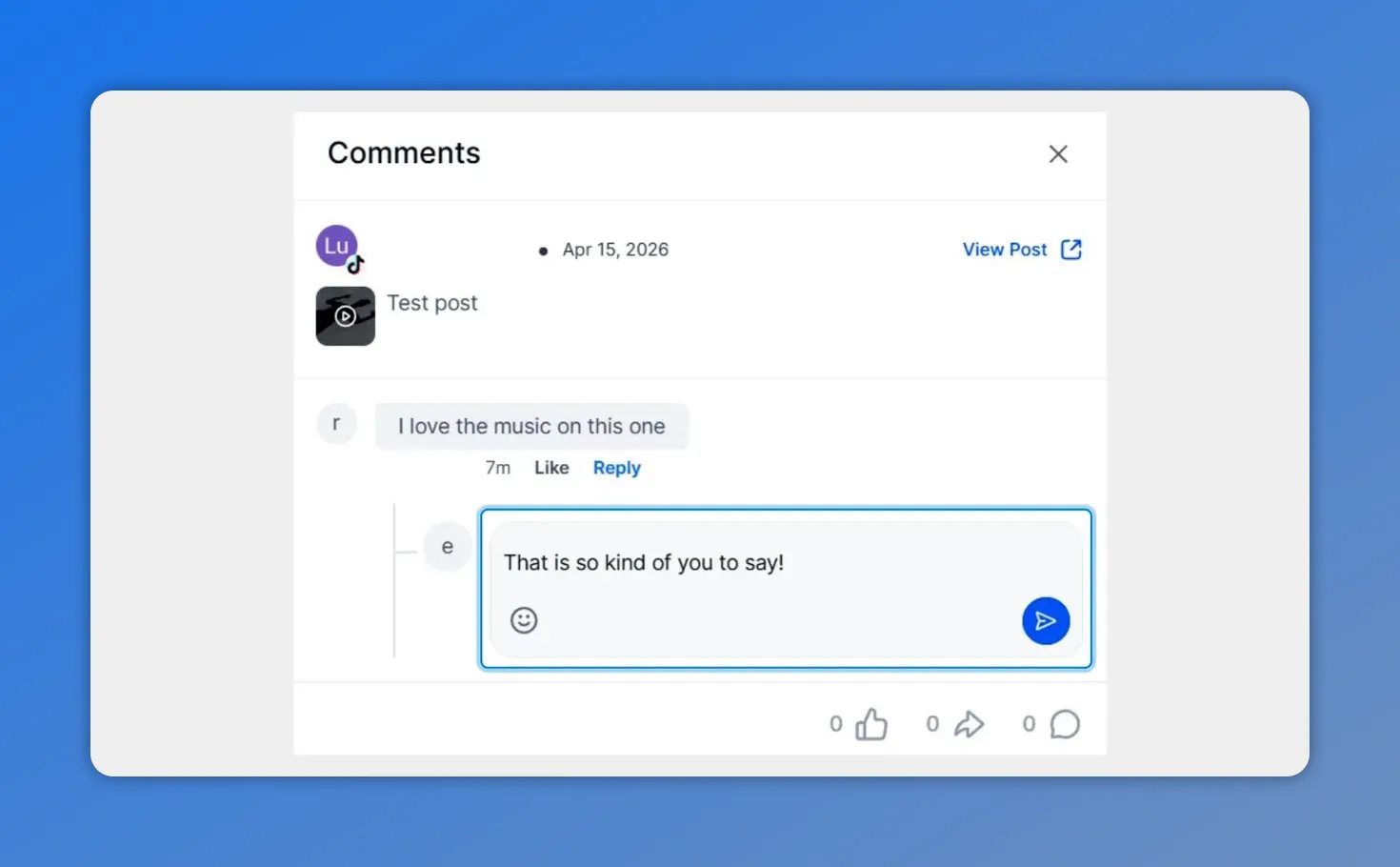 Pinnacle Social Planner TikTok comment reply text field with cursor ready for typing
