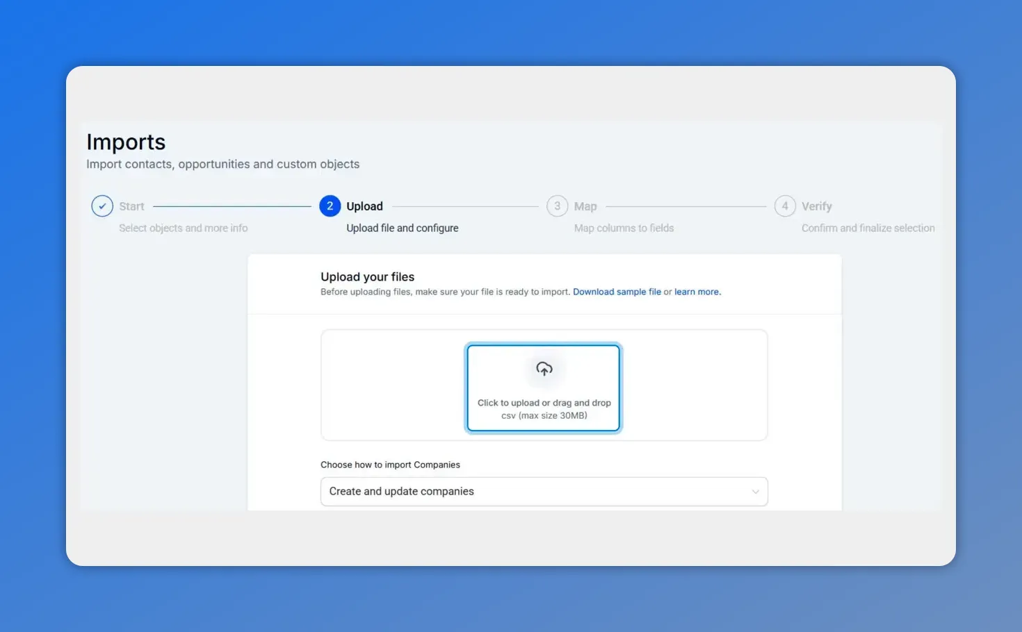 CSV upload screen with drag-and-drop area and 'Upload' step highlighted
