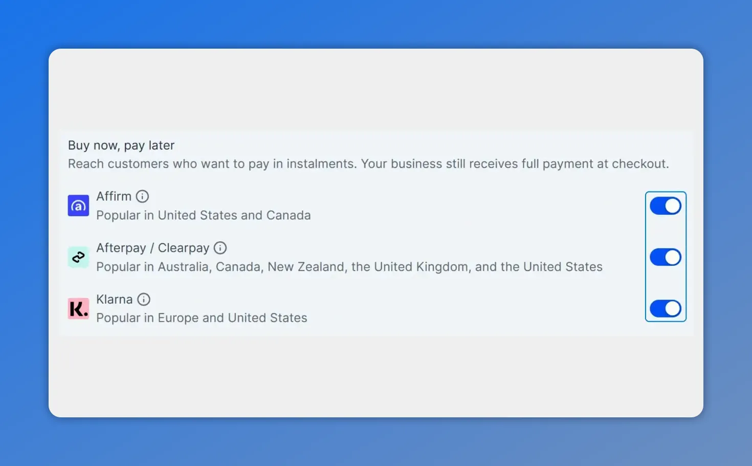 Stripe buy now pay later provider settings with toggles for Affirm, Afterpay/Clearpay, and Klarna